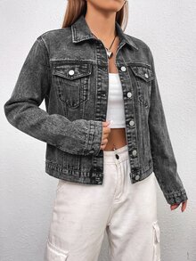 SHEIN EZwear 女款單排扣水洗牛仔夾克，秋季女裝 - 黑色 - 查看 5