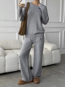 DAZY Women's 2 Pieces Set: Embroidered Pattern Loose Long Sleeve Pullover Sweater & Straight Leg Pants, Casual Vacation Korean Street Style, Thickened Autumn/Winter - Grey - View 5
