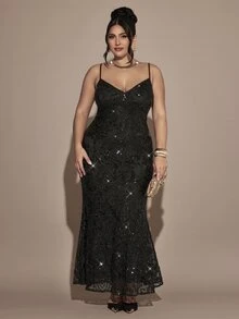 Gossip Girl X SHEIN SHEIN BAE CURVE 大尺碼女款修身優雅黑色細肩帶亮片洋裝，黑色亮片正式細肩帶魚尾下擺長版晚禮服 - 黑色 - 查看 1