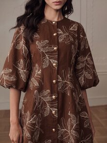 BELROSIE 女款迷你洋裝 A字版型 紋理梭織 金色鈕扣 燈籠袖 優雅棕色葉脈印花 秋季短裙 早午餐茶會穿搭 - 彩色 - 查看 2