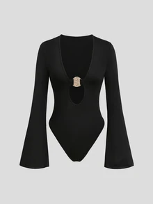 Sweetra Women's Long Sleeve Bell Sleeve Deep V-Neck Metallic Decor Bodysuit - Black - View 1