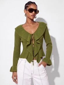 Aveloria GENKIRA Cardigan Slim Fit Crop Knit Large Ruffle Neck Double Tie Closure Bell Cuffs Modern Green Cardigan For Women Knit Fall Tops Crop Top Christmas - Green - View 5