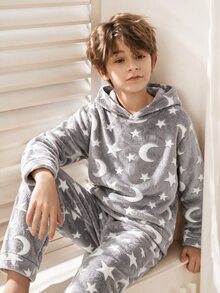 青少年男孩秋冬月亮圖案連帽長袖上衣與睡褲 柔軟舒適親膚抓絨睡衣套裝 2件組 - 淺藍色 - 查看 4