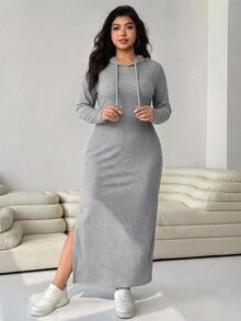 Solflare Autumn/Winter Casual Versatile Light Gray Plus Size Women's Drawstring Hooded Dress - Light Grey - View 6