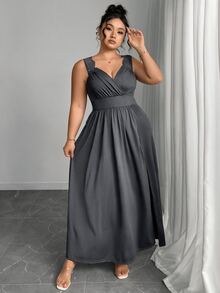 Elenzga Plus Size V-Neck Contrast Lace Strap Flared Slimming Ribbed Long Dress With Side Slit - Dark Grey - View 4