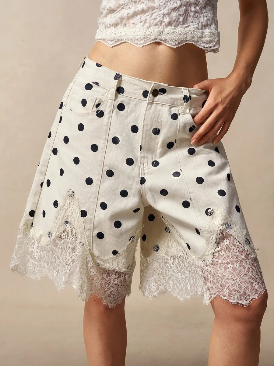 Bohemela Women's Lace Patchwork Polka Dot Casual Daily Shorts - Apricot - View 1