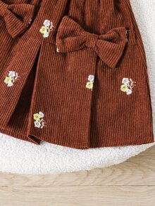 SHEIN 女童燈芯絨刺繡蝴蝶結裝飾裙 - 棕色 - 查看 6