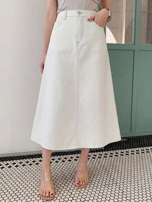 DAZY Solid Color Slit Denim Skirt For Women - White - View 5