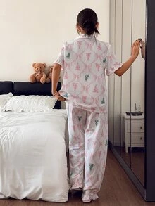 Napfluff Sweet Christmas Tree & Bow Print Ruffle Collar Short Sleeve Loungewear Set - Pink - View 2