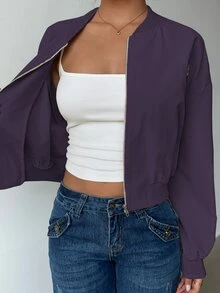 SHEIN LUNE 女款素色長袖拉鍊棒球夾克 - 中紫紅色 - 查看 4