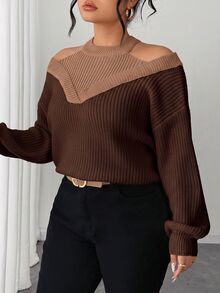 SHEIN Elenzya 女款兩件式假露肩對比色時尚套頭毛衣 - 粉色 - 查看 4