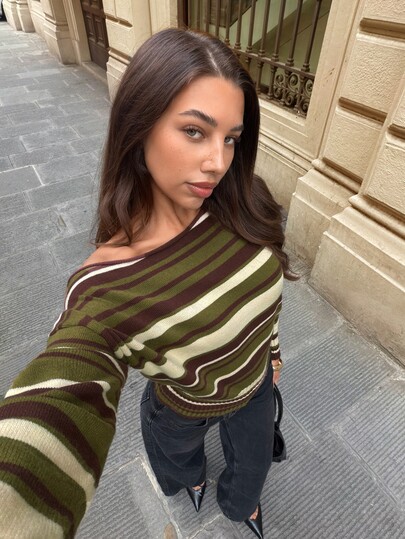 Siren Gaze Damen Mode gestreifter Pullover mit Schulterfrei-Design, Langarm, lässig, locker gestricktes Oberteil, Herbst/Winter