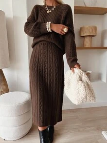 Louniche Vintage Commuter Style Cable Knit 2 Pieces Set, Autumn/Winter Gentle Intellectual Style Round Neck Raglan Sleeve Top + High Waist Diamond Pattern Slit Long Skirt Set, Versatile Commuter & Date Outfit For Women - Chocolate Brown - View 5