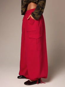 Athîral Celana Kargo Merah Longgar Wanita, Bahan Katun, Pinggang Rendah, Tali Serut, Banyak Saku, Kaki Lebar, Cocok untuk Semua Musim, Gaya Urban, Sehari-hari, Celana Wanita - Merah - View 6