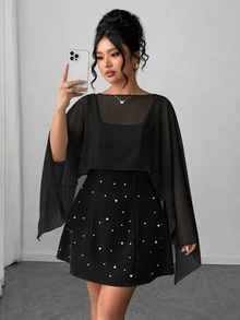 Elenzga Plus Size Women's Summer Shawl 2 In 1 White Pearl Decor Minimalist Elegant Dress Suitable For Date Birthday Party Photo - Black - View 5