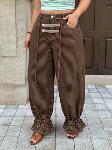 Rivivi 大尺碼女款無彈力丹寧翻邊咖啡棕條紋燈籠褲 牛仔風女裝套裝 - 咖啡棕 - 查看 3