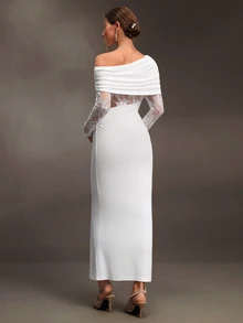 Cheriluna Maternity Maternity White Knit Contrast Lace Elegant Dress For Photography - White - View 2