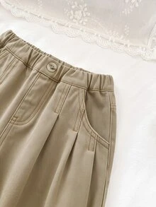 SHEIN 女童休閒日常牛仔長褲 壓褶口袋設計 - 卡其色 - 查看 6