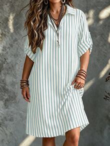 SHEIN Tall CURVE 大尺碼女款法式休閒夏季短袖V領長版洋裝 - 天藍色 - 查看 6