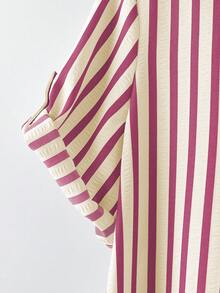 SHEIN Tall CURVE 大尺碼女款法式休閒夏季短袖V領長版洋裝 - 紅白色 - 查看 3