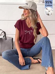SHEIN LUNE Women's V-Neck Short Sleeve Fitted T-Shirt, Burgundy Color Suitable For Autumn/Winter, Bowknot Rhinestone Pattern On Chest - White - View 4