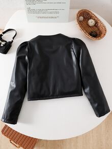 Tween Girl 3D Floral Decor PU Leather Zipper Front Cute Jacket School Off Campus All Black Fall Korea Career Day - Black - View 2