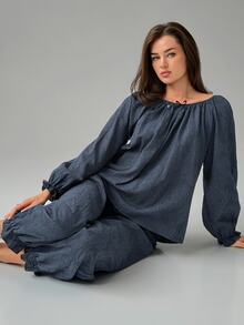 Livesso Women's Bow Decor Raglan Long Sleeve Top And Pants Pajama Set - Navy Blue - View 11