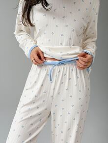 DAZY Women's Ditsy Floral Long Sleeve Top And Drawstring Waist Long Pants Pajama Set - White - View 6