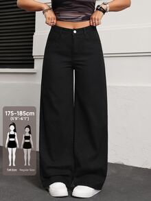 SHEIN Tall Women's Tall Loose Wide Leg Casual Washed Denim Jeans With Pockets - Black - View 1
