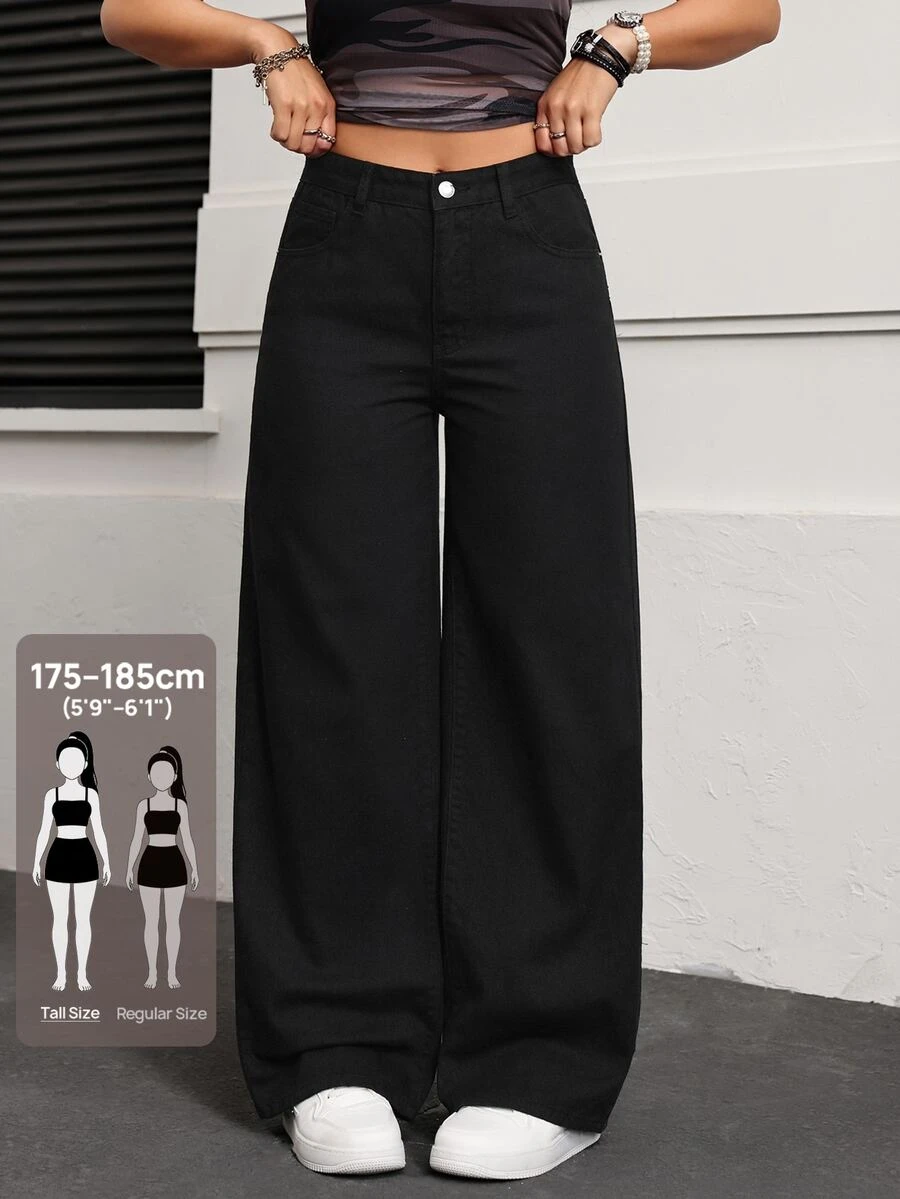 SHEIN Tall Women's Tall Loose Wide Leg Casual Washed Denim Jeans With Pockets - Black - View 1