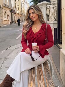 Vionelle Plus Size Autumn/Winter Thermal Lined Ribbed Texture Double Layer Ruffle Collar Long Sleeve Ruffle Cuff Women's T-Shirt Going Out Evening Red Elegant - Red - View 3