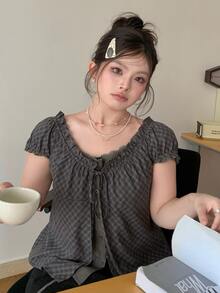 Dazy Plus Square Neck Pleated Puff Short Sleeve Grey Plaid Tie Waist Sweet Style Blouse - Dark Grey - View 7