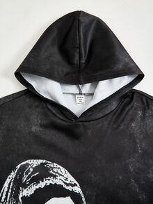 SHEIN 青少年男孩字母與角色圖案連帽衛衣與運動長褲休閒日常套裝 - 黑色 - 查看 3