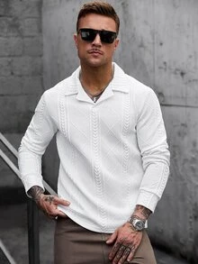 Manfinity CasualCool Kemeja Polo Pria Rajut Jacquard Warna Solid dengan Kerah & Manset Bertekstur, Kerah & Hem Bergaris, Kain Pique Hitam, 3 Kancing - Putih - View 6