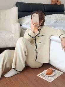 Lazeform Women's Casual Plush Trim Pajama Set - Apricot - View 6
