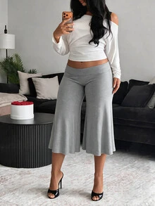 BamGleam Sexy Style Asymmetrical Shoulder Long Sleeve T-Shirt + Grey Wide Leg Capri Pants Set, Lazy Casual 2 Pieces Outfit - Multicolor - View 5
