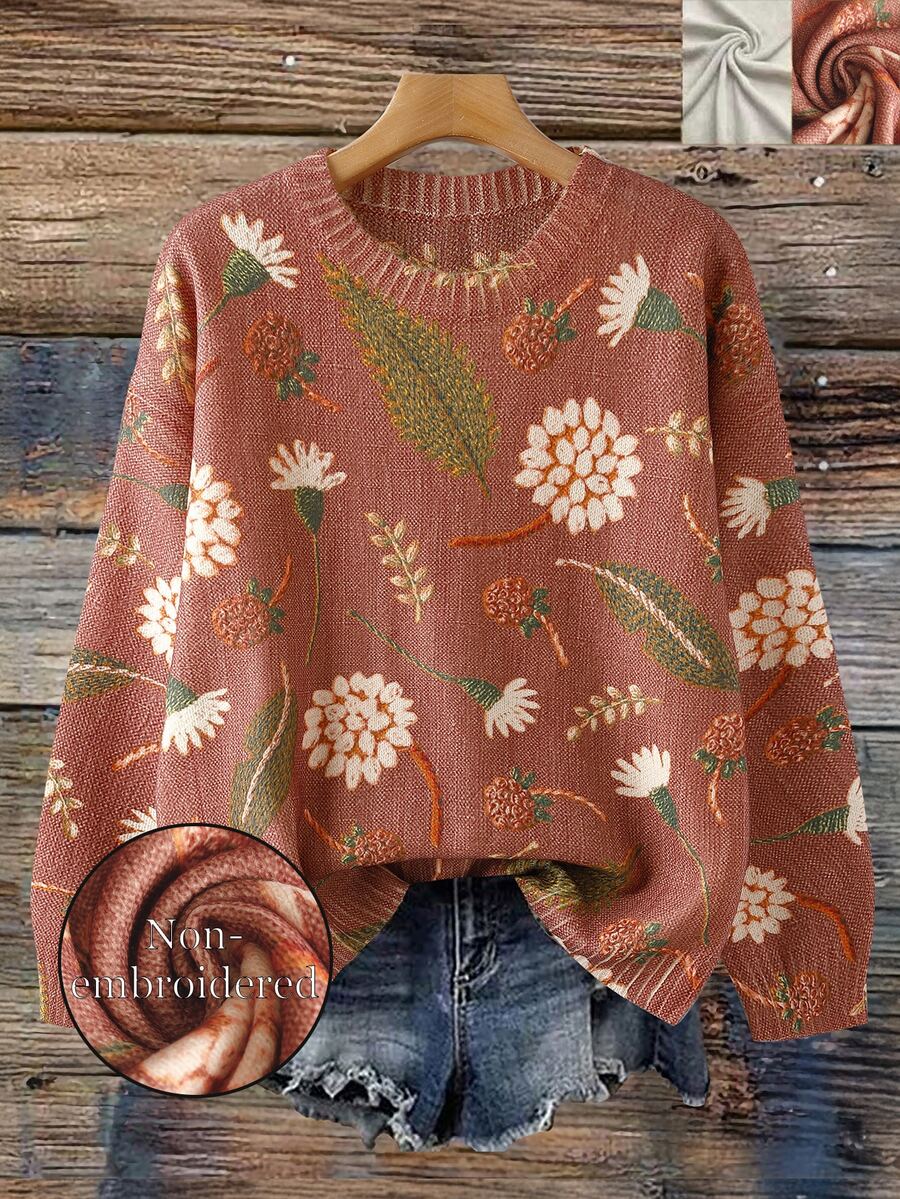 Plus Size Women's Digital Print Casual Crew Neck Pullover Sweater, Autumn/Winter - Multicolor - View 1