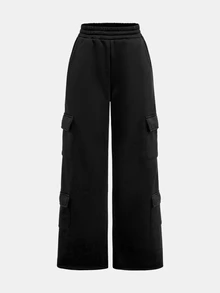 SHEIN 青少年女孩黑色針織彈性多口袋工裝休閒保暖運動長褲 - 黑色 - 查看 4