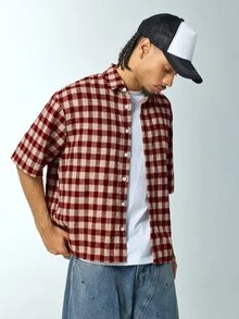 Rick and Morty X SHEIN Men's Plaid Letter Cartoon Pattern Casual Daily Short Sleeve Shirt - Red - View 7