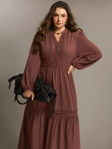 Freevana Gaun Panjang Vintage Wanita Ukuran Besar, Musim Gugur/Dingin - Coffee Brown - View 7