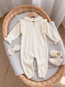 SHEIN Baby Girl Floral Rabbit Pattern Casual Daily Knit Jumpsuit - Khaki - View 2