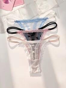 PetitDoll طقم ملابس داخلية ثونغ دانتيل بألوان متباينة رومانسية وحلوة من 3 قطع - متعدد الألوان - مشاهدة 1