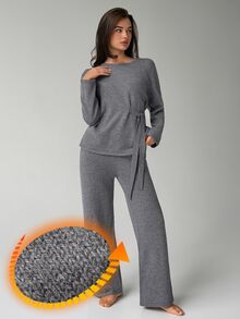 Livesso Women's Solid Color Long Sleeve Top And Pants Casual Daily Loungewear Set - Grey - View 1
