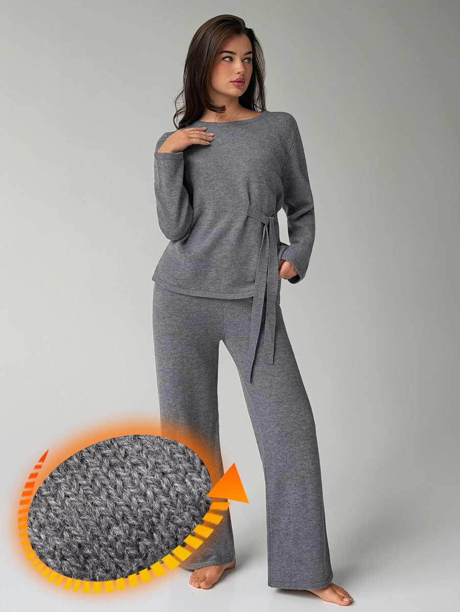 Livesso Women's Solid Color Long Sleeve Top And Pants Casual Daily Loungewear Set - Grey - View 1
