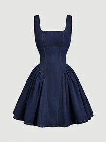 SHEIN Tall Women's Pleated Casual Everyday Summer Denim Dress - Blue - View 1