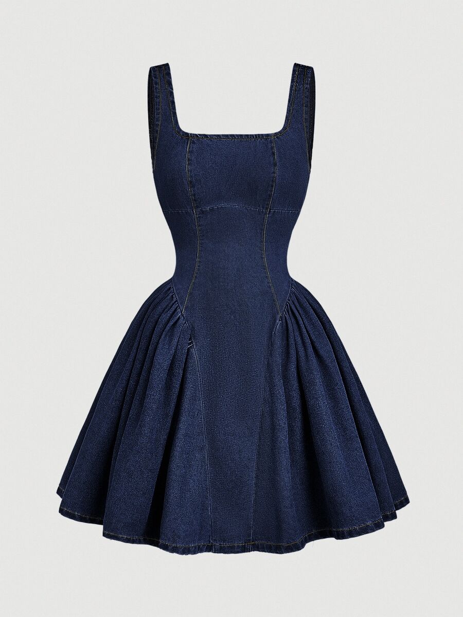 SHEIN Tall Women's Pleated Casual Everyday Summer Denim Dress - Blue - View 1