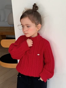 Hapijoa Sweater Rajut Kasual Lengan Panjang Setengah Resleting untuk Anak Perempuan - Burgundy - View 5