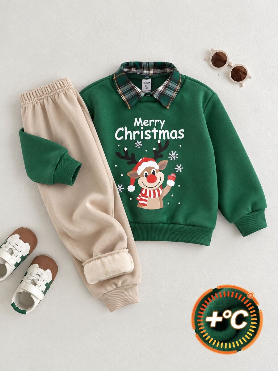 SHEIN Young Boy Autumn/Winter Christmas Kids Plaid Sweatshirt Set, Versatile Comfortable Thickened Thermal Lined Warm, Suitable Christmas Gift For Children - Multicolor - View 1