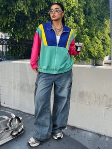 Muchica 大尺碼女款拼色拉鍊前開輕量夾克，休閒秋冬風格 - 彩色 - 查看 3
