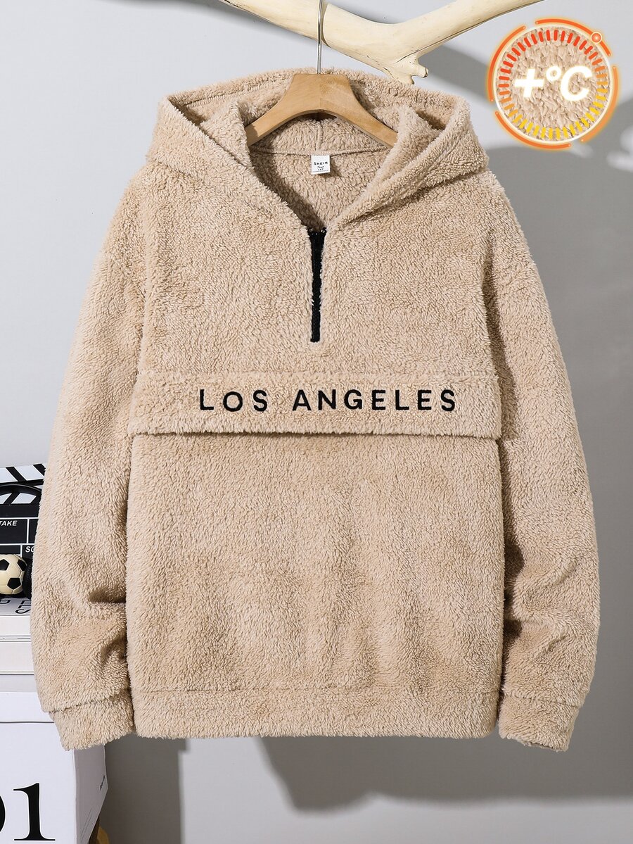 SHEIN Teen Boy Teen Boys Casual Letter Embroidered Half-Front Hooded Fleece Sweatshirt, Warm And Suitable For The Fall And Winter Back-To-School Season. - Khaki - View 1